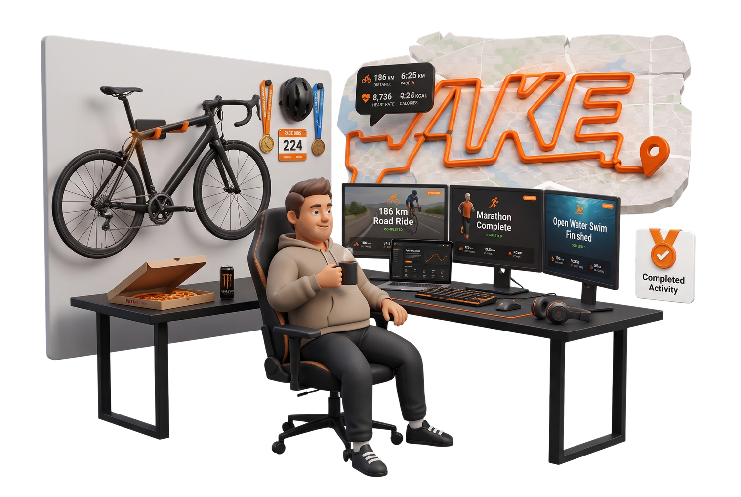 A man faking a road ride, marathon and open-water swim from his gaming chair