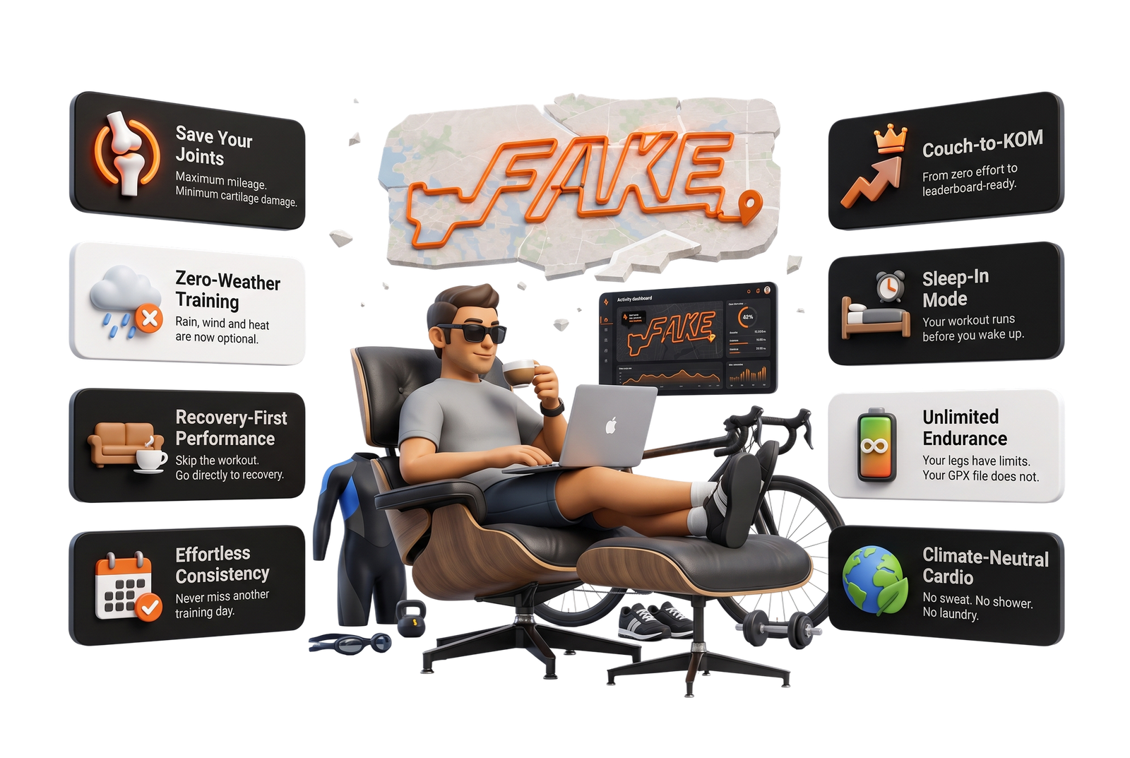 Eight benefits of faking your workouts: save your joints, zero-weather training, couch-to-KOM, sleep-in mode, unlimited endurance, climate-neutral cardio