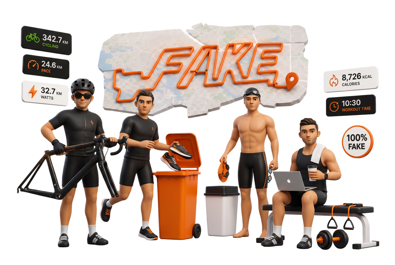 Four athletes faking their cycling, running, swimming and gym stats while binning the gear