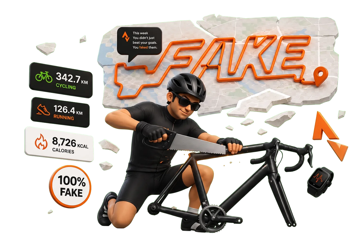 A 3D athlete faking their workout stats while binning the gear